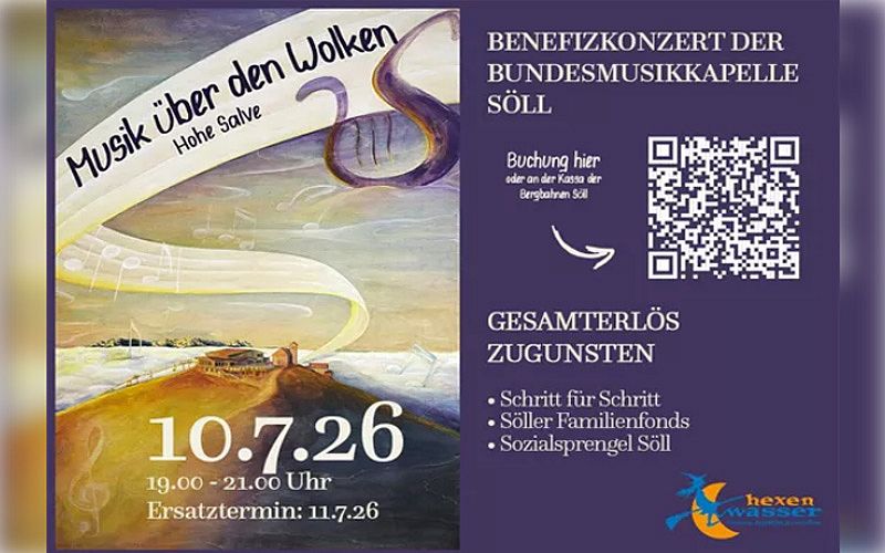 Plakat zum Benefizkonzert Über den Wolken der Bundesmusikkapelle Söll auf der Hohen Salve mit QR-Code und Veranstaltungsinfos
